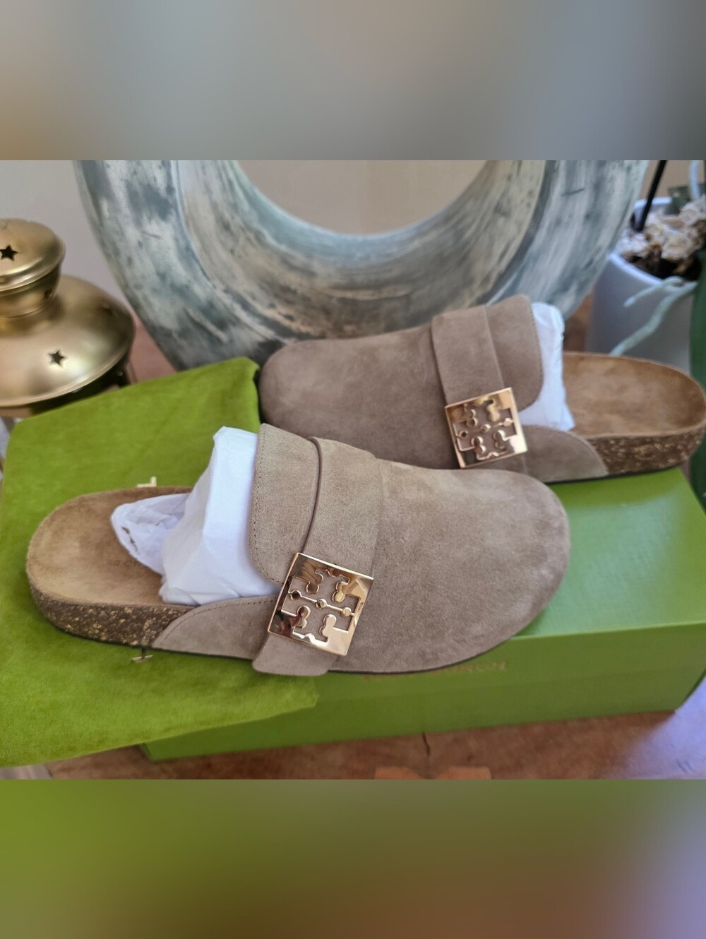Tory Burch Mellow Muele Suede Slide Mules with Gold Tone Logo Buckle NWT